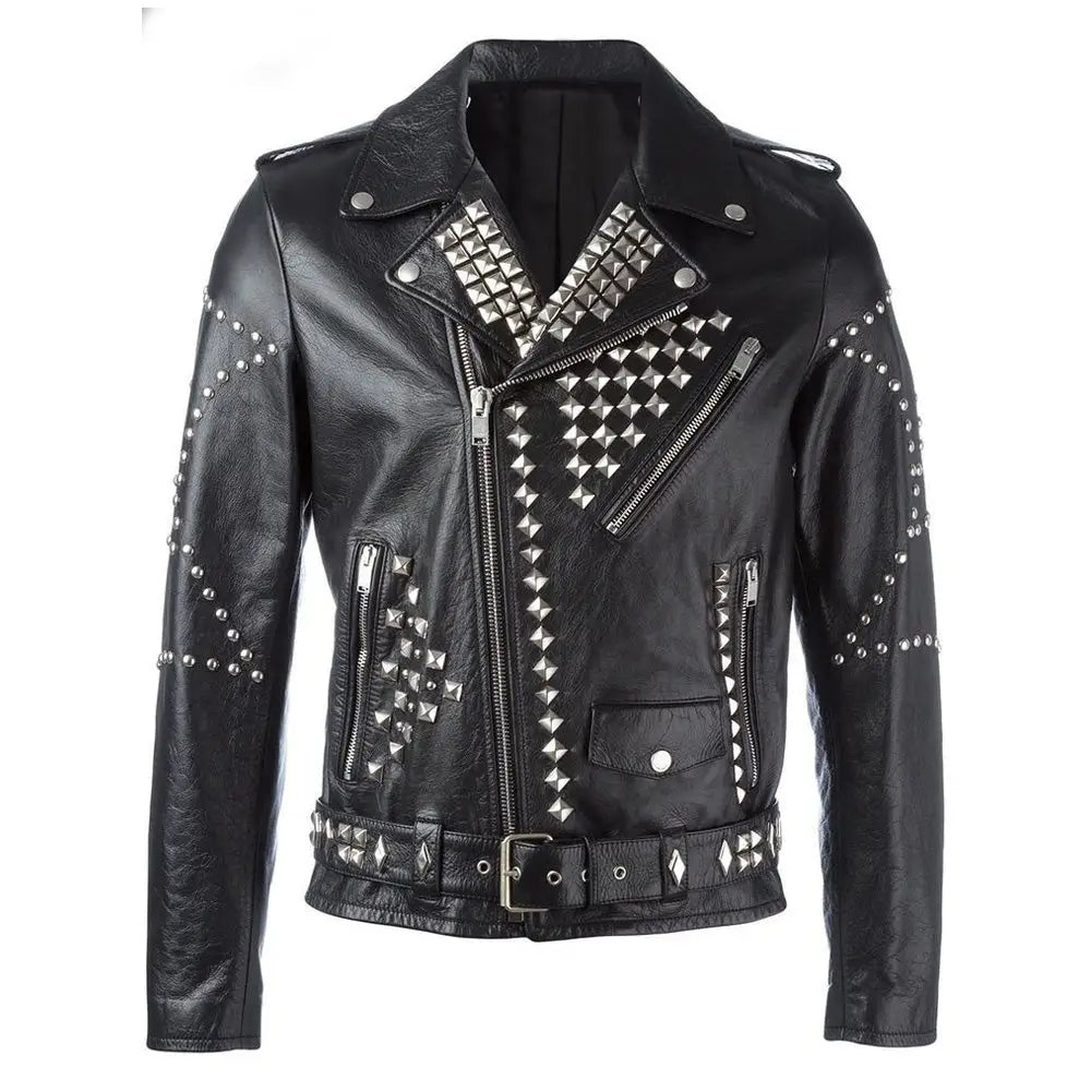 Men’s Studded Leather Biker Jacket-0