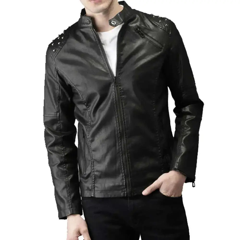 Men’s Studded Biker Tab Collar Real Leather Jacket-0