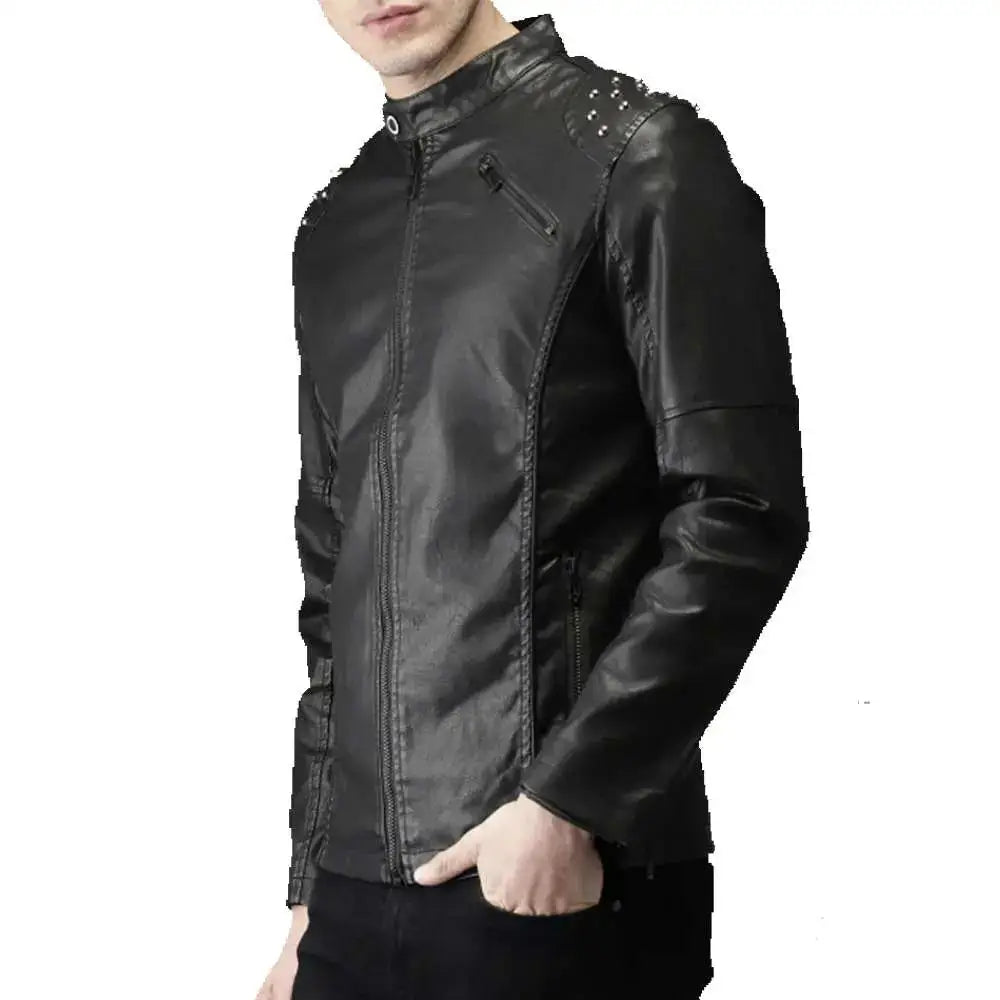 Men’s Studded Biker Tab Collar Real Leather Jacket-2