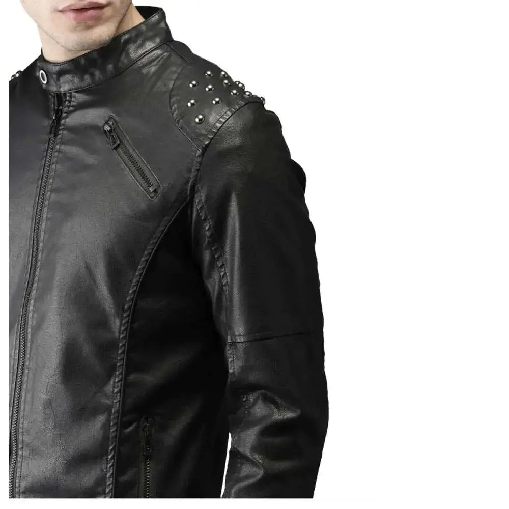 Men’s Studded Biker Tab Collar Real Leather Jacket-1