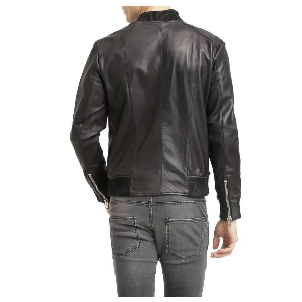 Men’s Black Leather Bomber Jacket-4