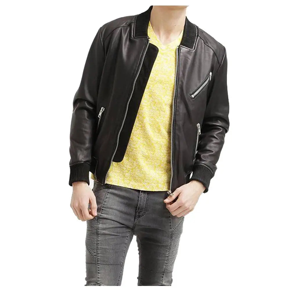 Men’s Black Leather Bomber Jacket-1