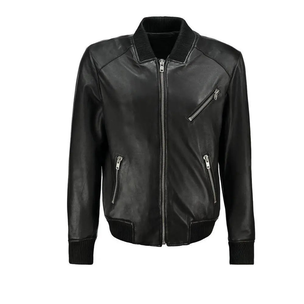 Men’s Black Leather Bomber Jacket-0