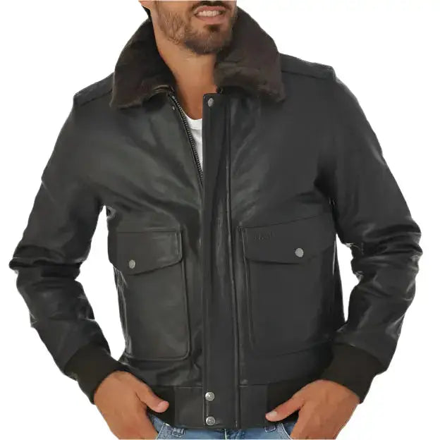 Men's Black Cowhide Leather Aviator Jacket-0