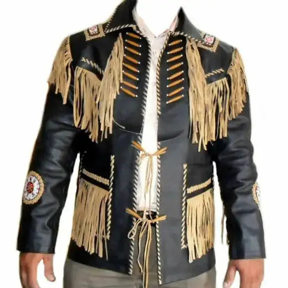 Men's Black Cowhide Leather Vintage Jacket – Fringed & Beaded Western Style-0