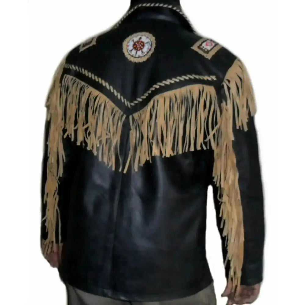 Men's Black Cowhide Leather Vintage Jacket – Fringed & Beaded Western Style-1