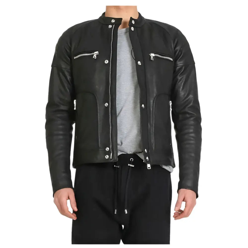 Mens Black Leather Fashion Jacket-0