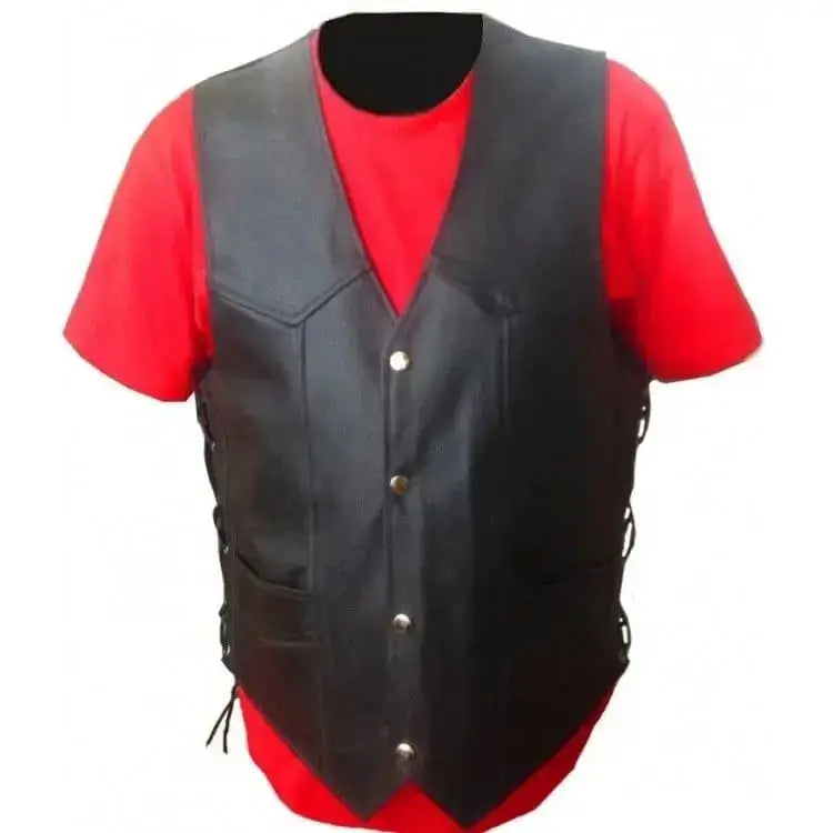 Men’s Black Genuine Leather Biker Vest with Side Lacing-0