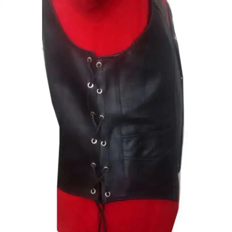 Men’s Black Genuine Leather Biker Vest with Side Lacing-2