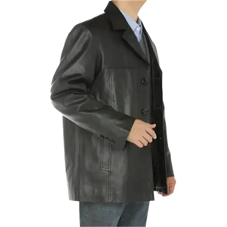 Mens Black Lambskin Leather Overcoat Blazer Jacket-1