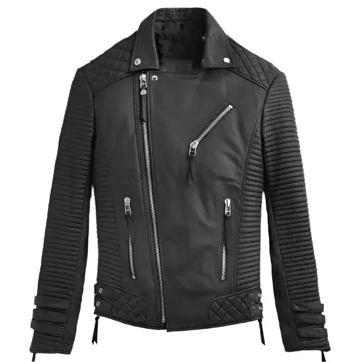 Mens Black Leather Biker Jacket-0