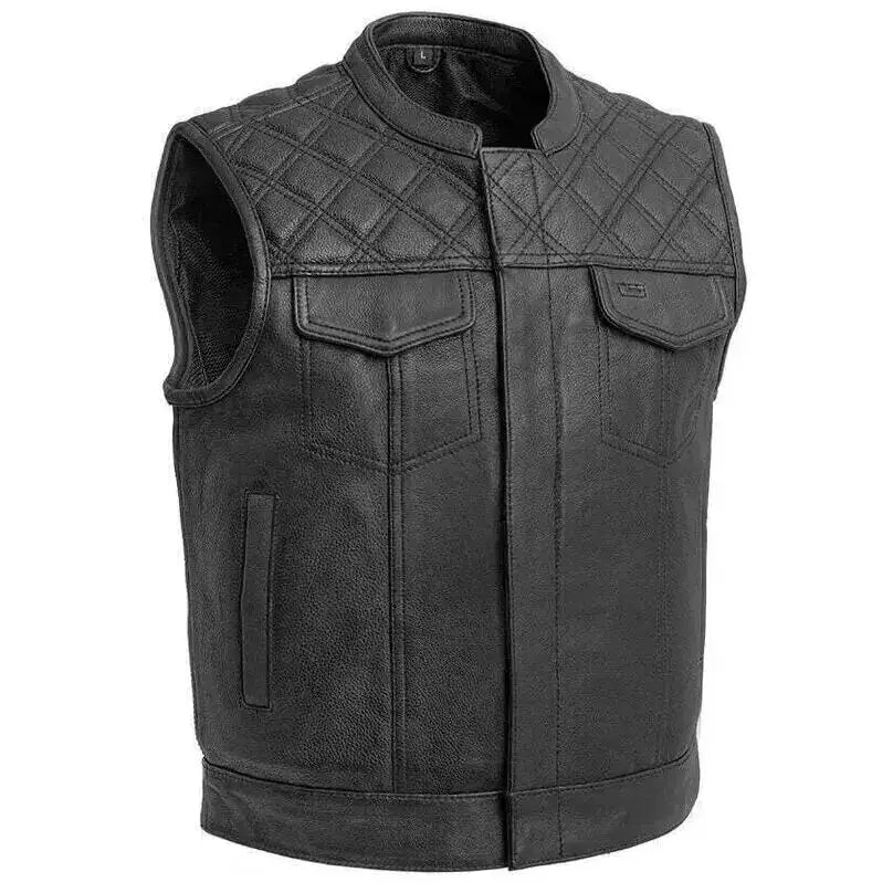 Men’s Black Leather Motorcycle Vest with Diamond Stitch-0
