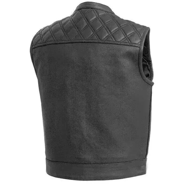 Men’s Black Leather Motorcycle Vest with Diamond Stitch-1