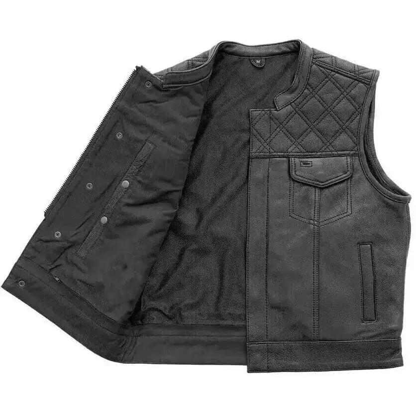 Men’s Black Leather Motorcycle Vest with Diamond Stitch-2