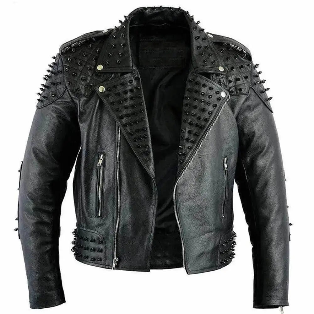Men’s Black Studded Leather Biker Jacket-0