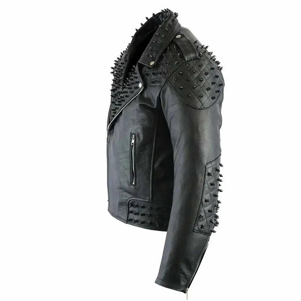 Men’s Black Studded Leather Biker Jacket-2