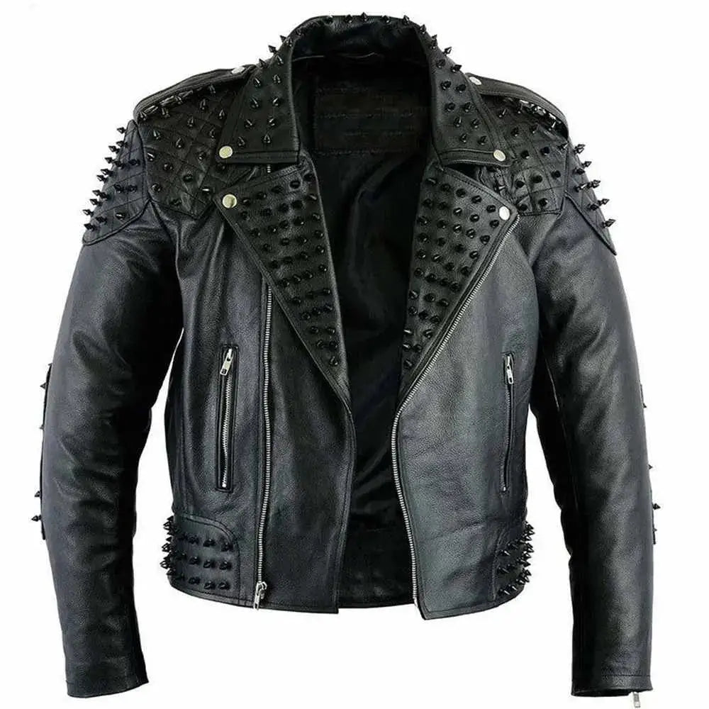 Men’s Black Studded Leather Biker Jacket-0