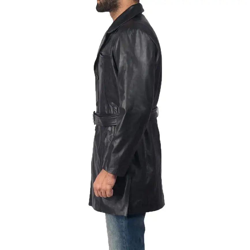 Men’s Black Sheepskin Leather Trench Coat-3