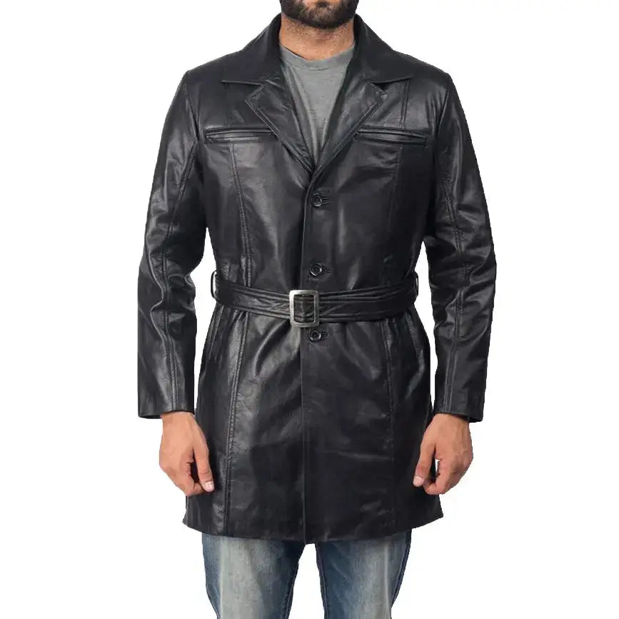 Men’s Black Sheepskin Leather Trench Coat-0