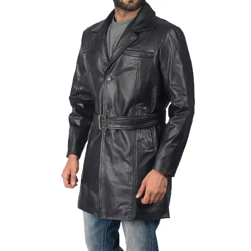 Men’s Black Sheepskin Leather Trench Coat-2