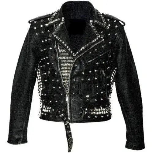 Mens Black Silver Studded Leather Biker Jacket-0