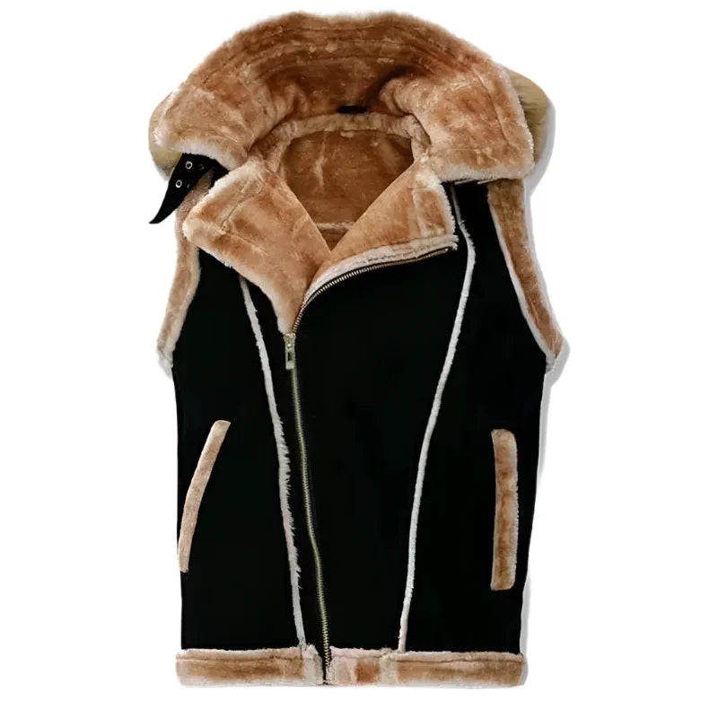 Mens Black Suede Shearling Leather Vest-0