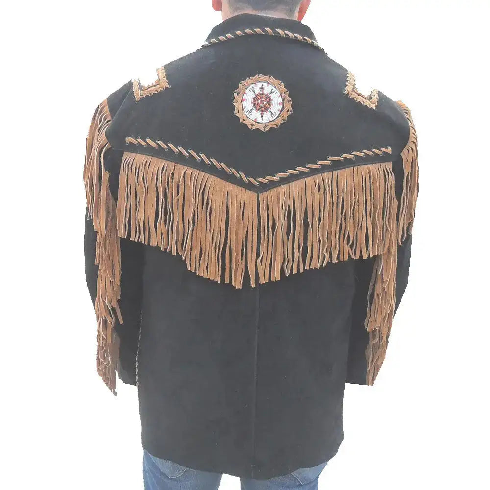 Men's Black Suede Western Cowboy Jacket with Fringes-1