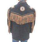 Men's Black Suede Western Cowboy Jacket with Fringes-1
