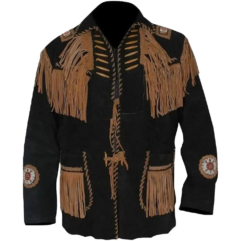Men's Black Suede Western Cowboy Jacket with Fringes-0