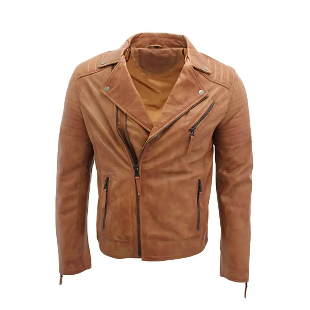 Mens Brown Lapel Leather Motorcycle Jacket-0