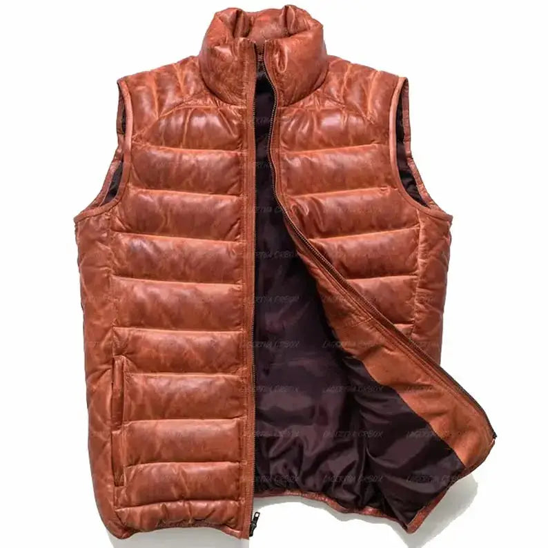 Men’s Brown Sheepskin Leather Puffer Vest-1