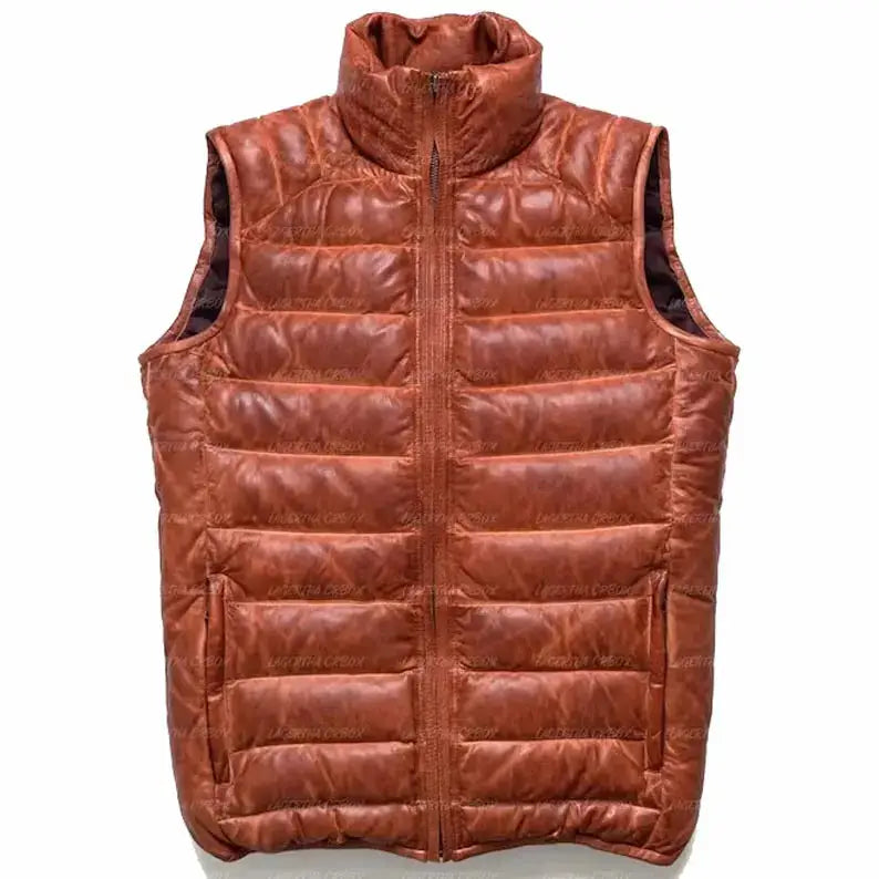 Men’s Brown Sheepskin Leather Puffer Vest-0