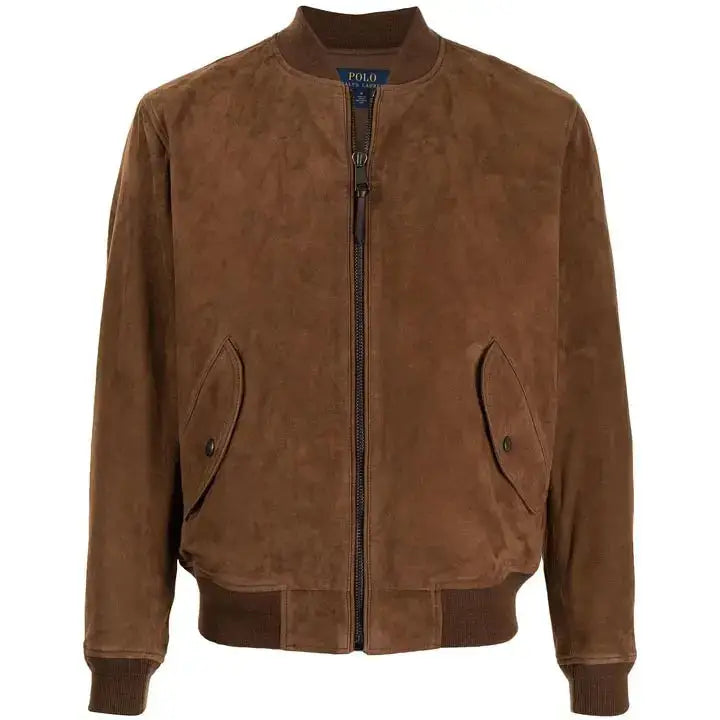 Mens Brown Suede Leather Bomber Jacket-0