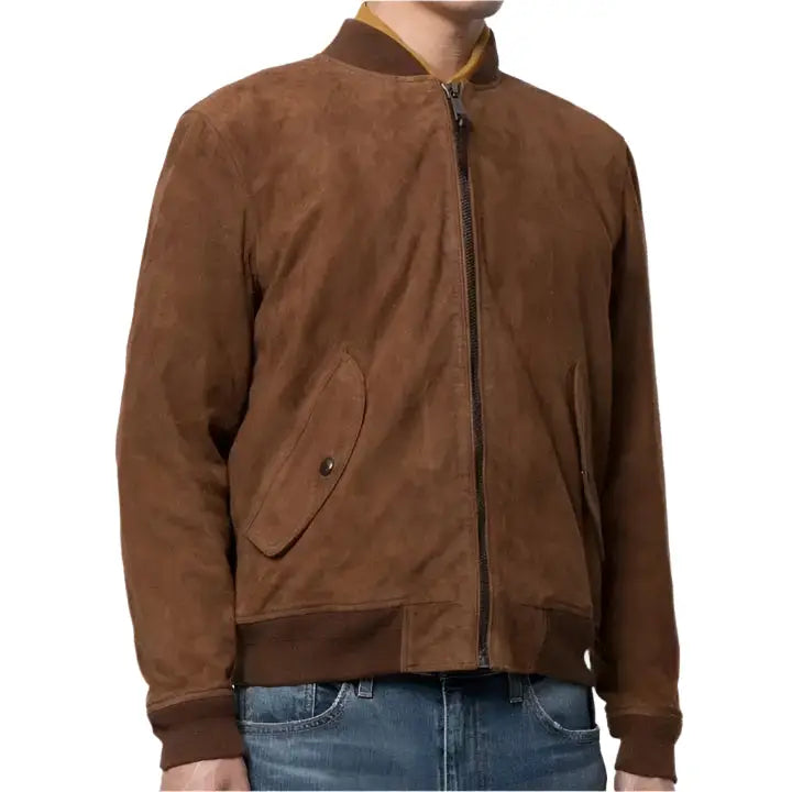 Mens Brown Suede Leather Bomber Jacket-1