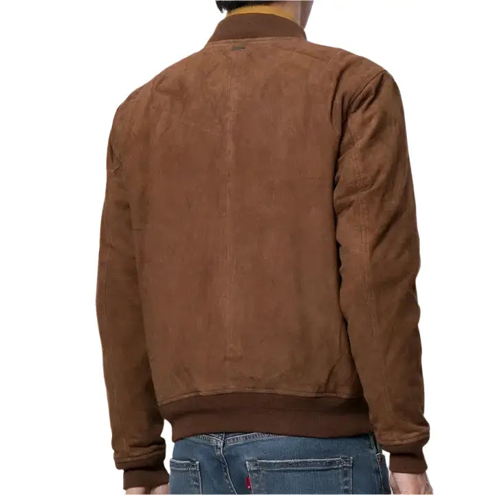 Mens Brown Suede Leather Bomber Jacket-3