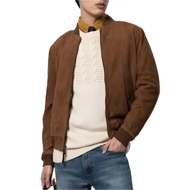 Mens Brown Suede Leather Bomber Jacket-2