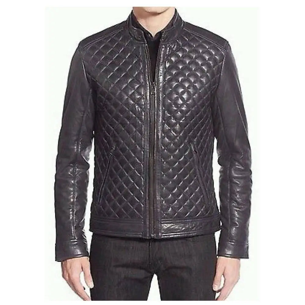 Mens Cafe Racer Diamond Leather Jacket-0