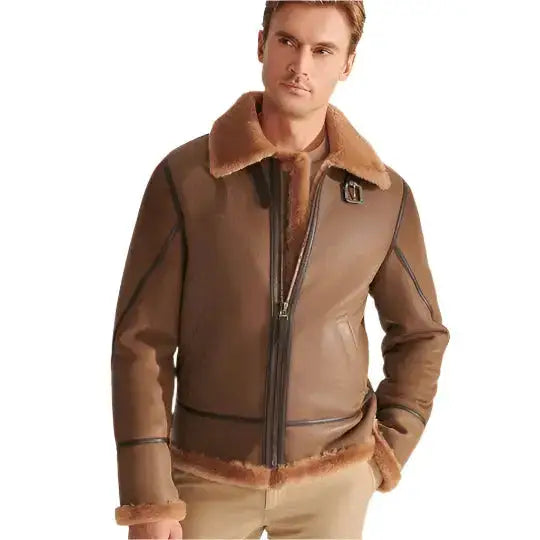 Mens Camel Brown Shearling Aviator Jacket-0