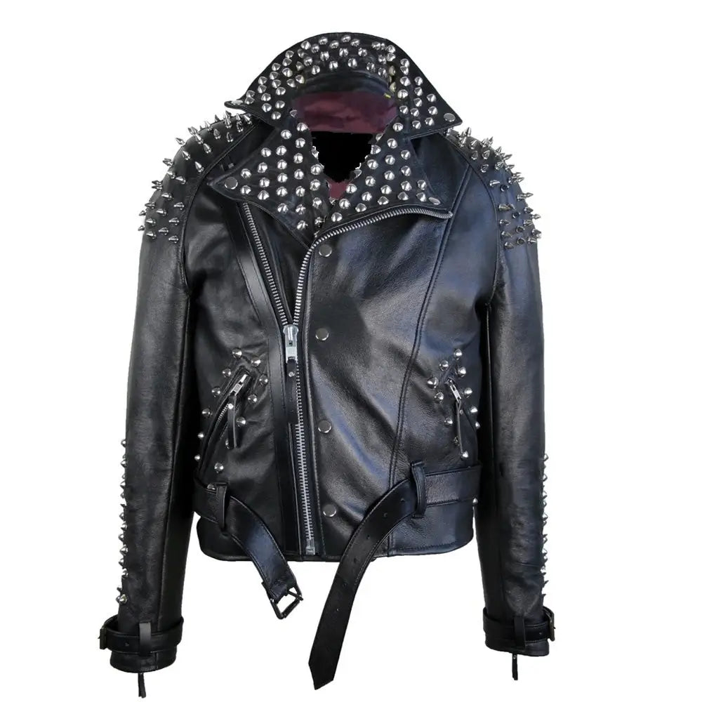 Men's Classic Leather Jacket with Half Spiked & Studded Zip-Up-0