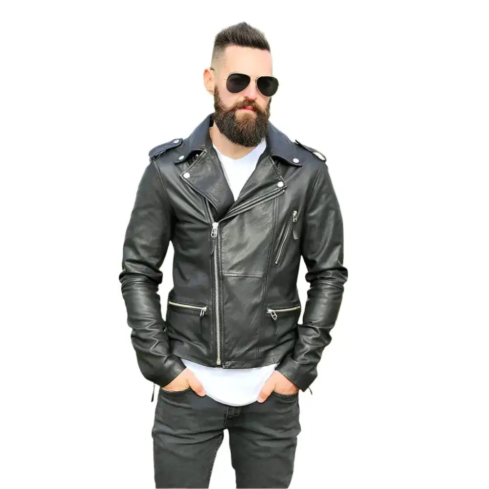 Men’s Sheepskin Leather Biker Jacket-0