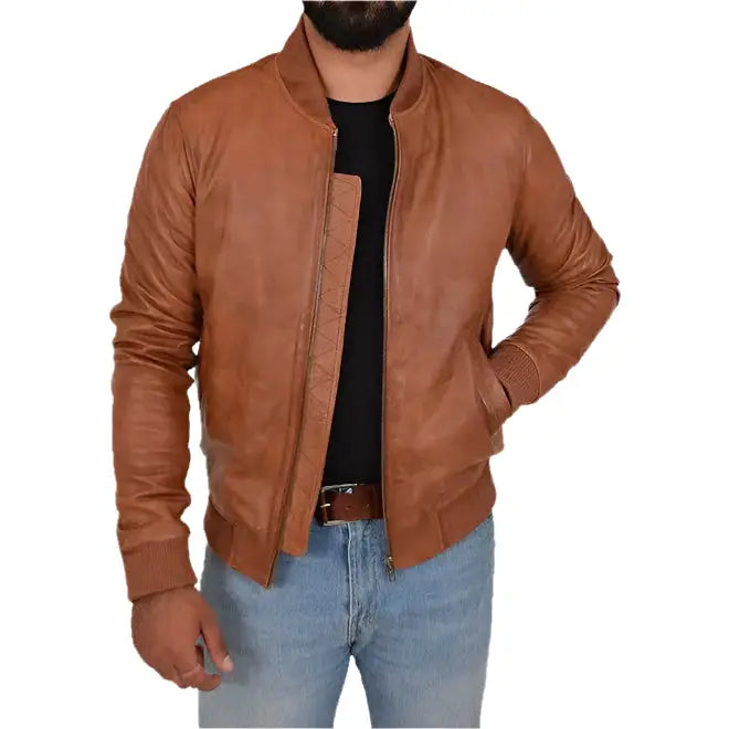 Men’s Tan Leather Varsity Bomber Jacket-0