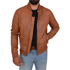 Men’s Tan Leather Varsity Bomber Jacket-0