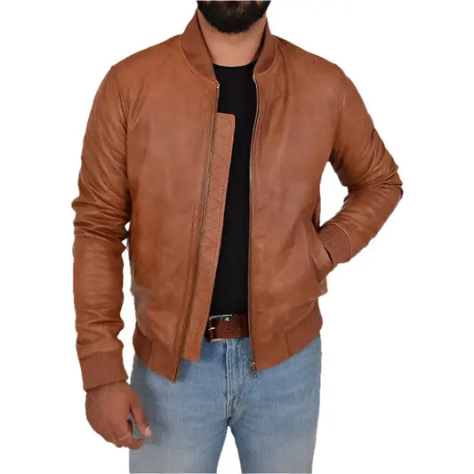 Men’s Tan Leather Varsity Bomber Jacket-0