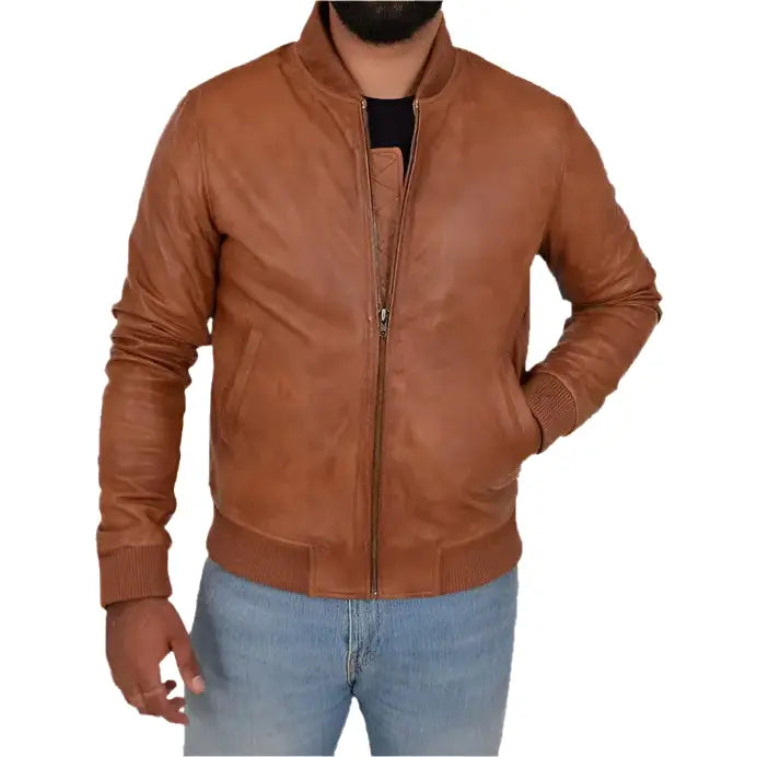 Men’s Tan Leather Varsity Bomber Jacket-2