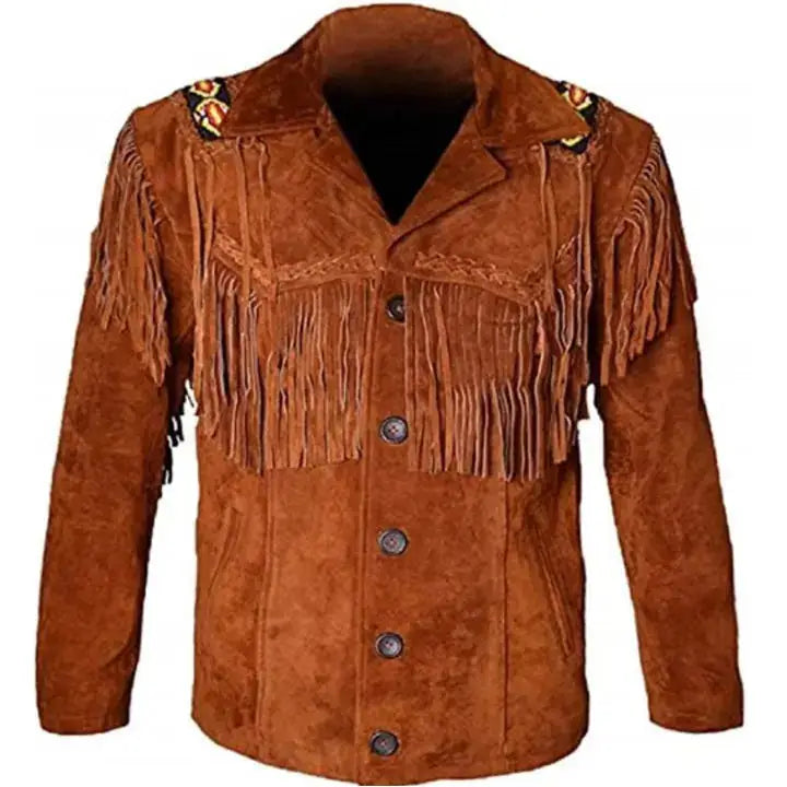 Men's Tan Suede Western Fringe Leather Jacket-0