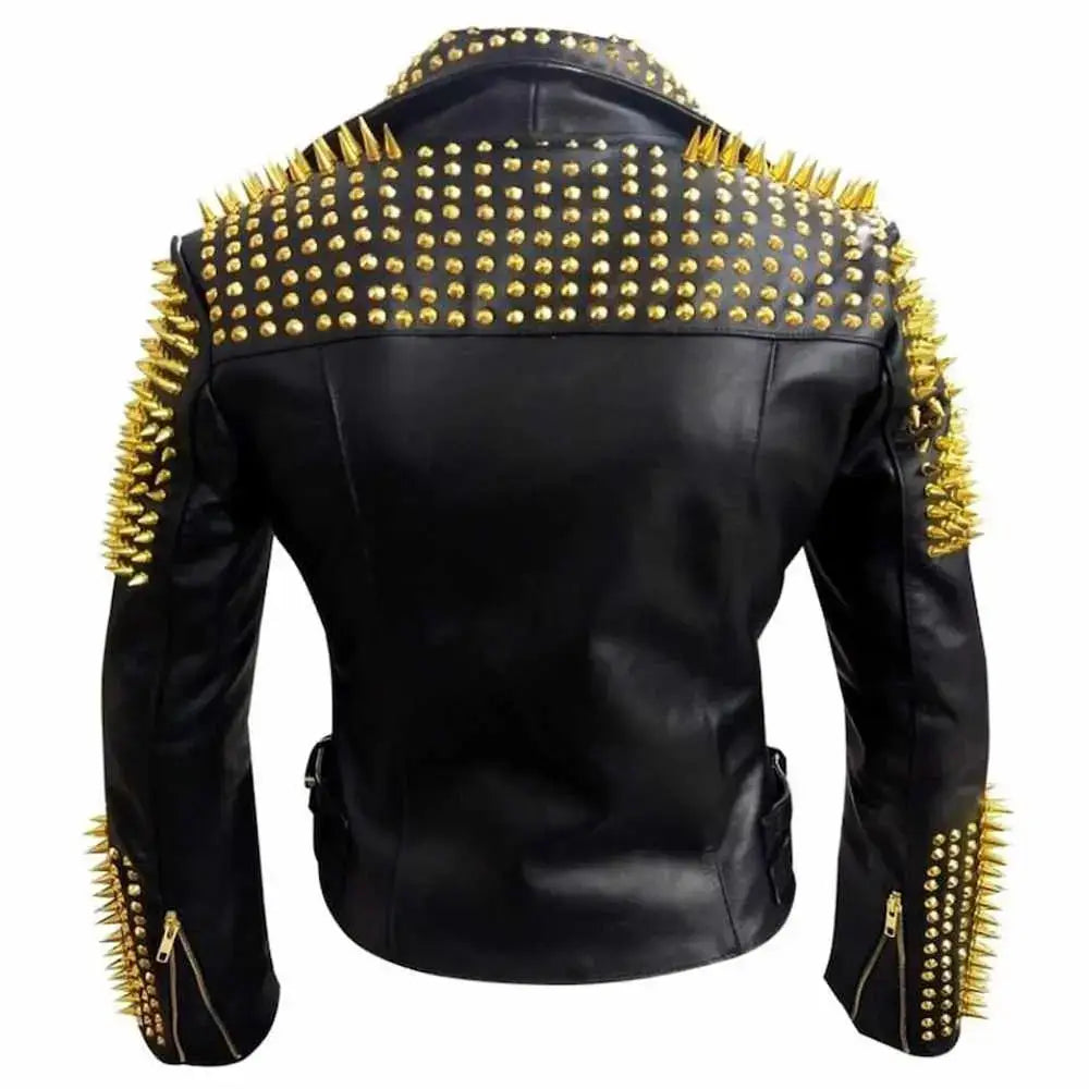 Men’s Golden Studded Leather Motorcycle Jacket-1