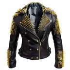 Men’s Golden Studded Leather Motorcycle Jacket-0