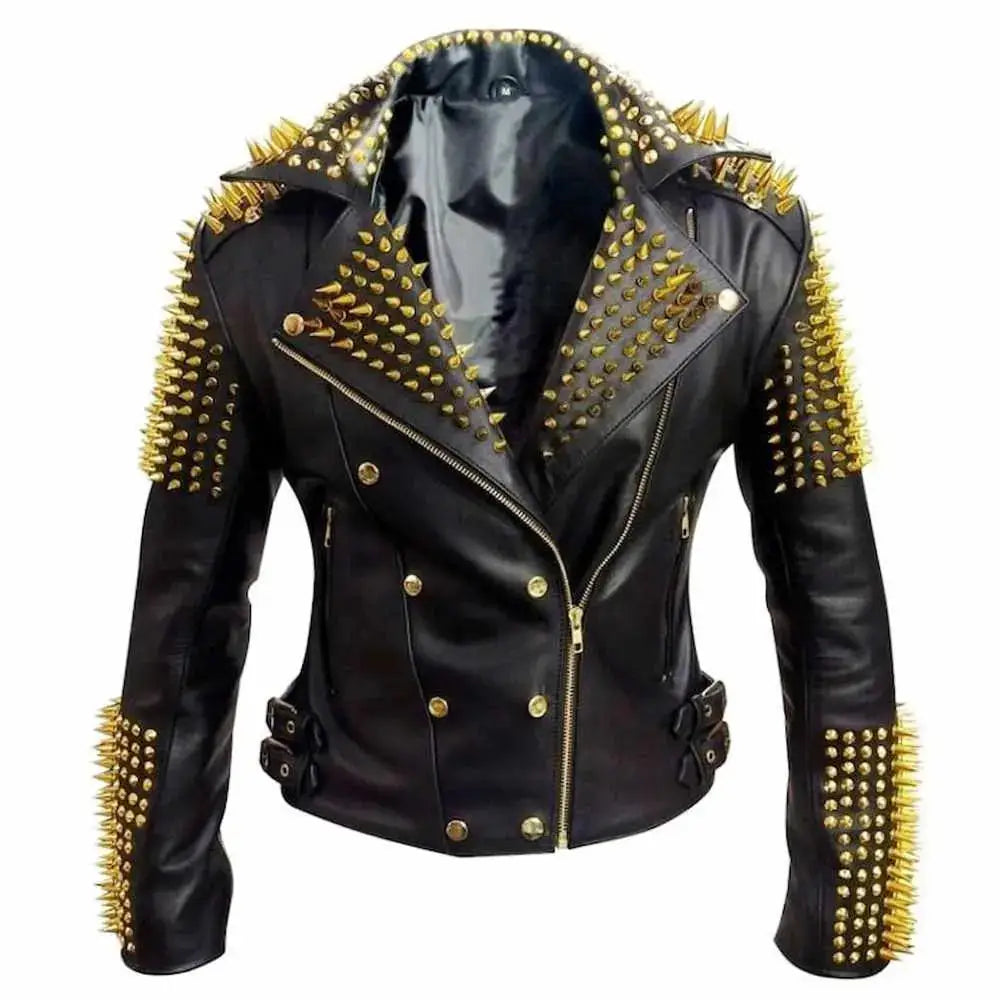 Men’s Golden Studded Leather Motorcycle Jacket-0