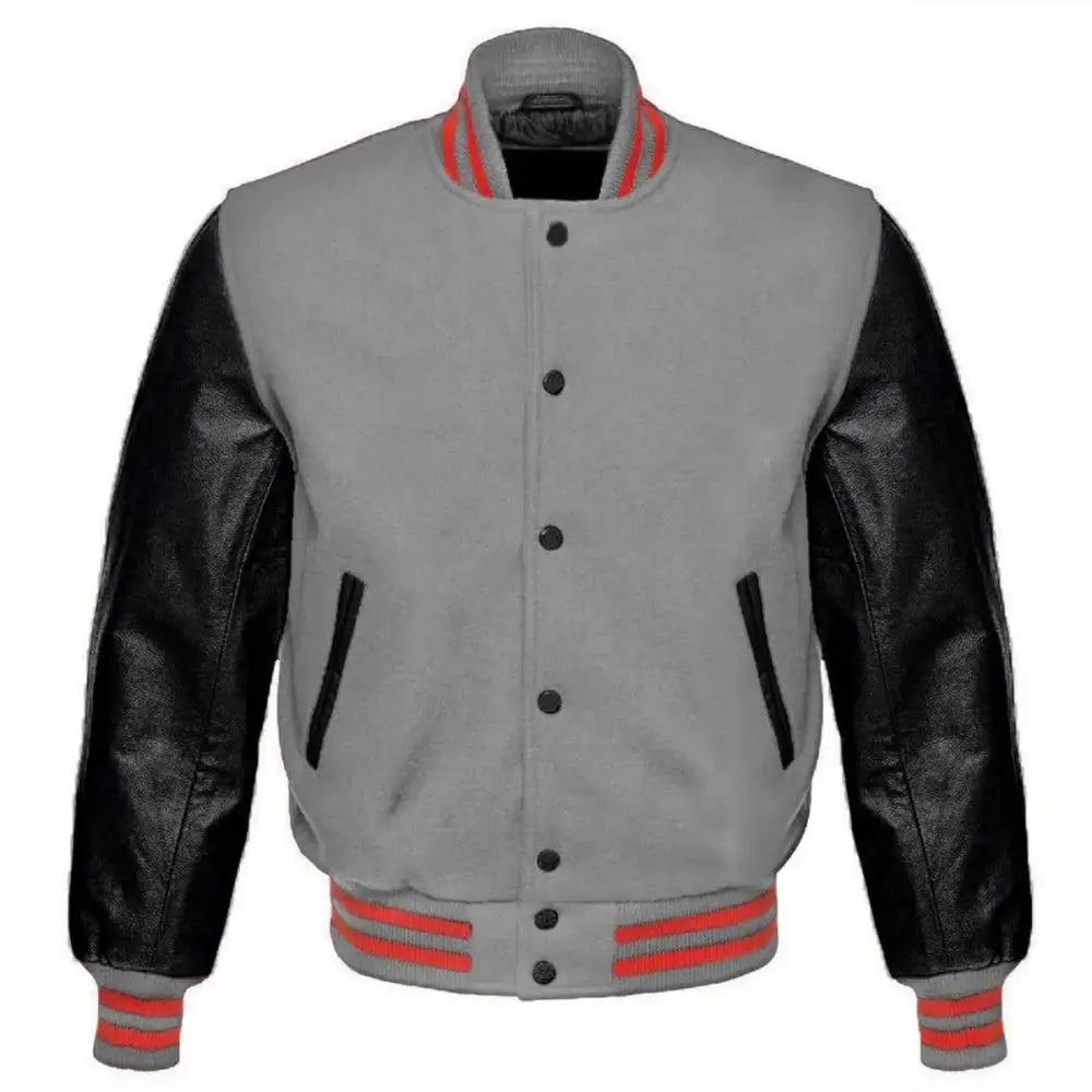 Mens Gray Wool Varsity Bomber Jacket-0