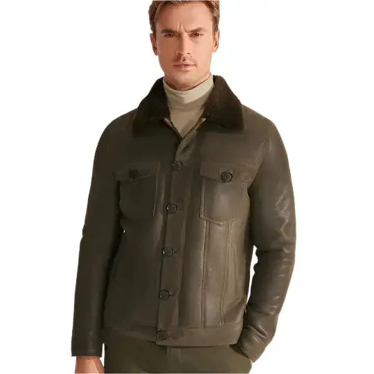 Men's Green Sheepskin Aviator Jacket-0